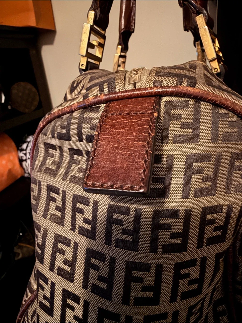 Fendi Brown Zucca Canvas Satchel with Dark Brown Leather Trim